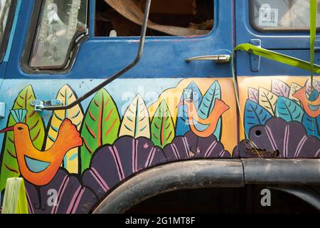 Brightly decorated Sugar cane plantation lorry at The Eden Project Rainforest Biome Cornwall UK, May 2021 Stock Photo