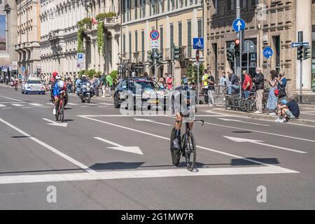 MILAN, ITALY - MAY 30: last stage of Giro 2021, Nikias Arndt competitor of DSM Team and Lars Van Den Berg of Groupama Team  at high speed during indiv Stock Photo