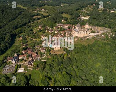 France, Dordogne, P�rigord Noir, Dordogne valley, Castelnaud-la-Chapelle, labeled Les Plus Beaux Villages de France, Milandes castle, former home of Jos�phine Baker (aerial view) Stock Photo