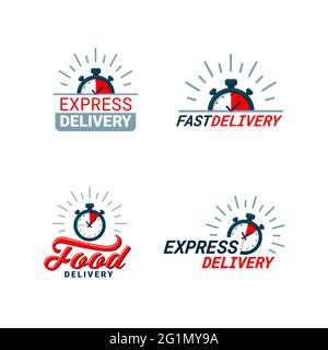 Set of Delivery Related Color Icons. Logos with timer and fast, food, or express delivery inscriptions in red and gray. Flat style vector illustration Stock Vector