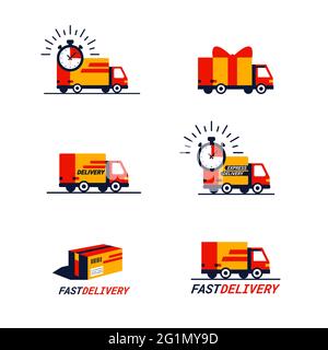 Color set of delivery related Icons. Trucks and delivery vans in red and yellow. Simple flat style icons isolated on white background Stock Vector