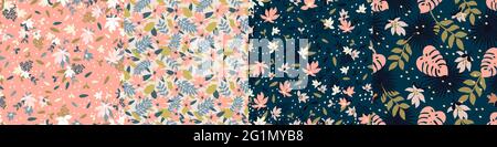 Set trendy seamless patterns with hand drawn decorative flowers in peach shades. Floral vector patterns for textile, print, gift wrap, manufacturing Stock Vector