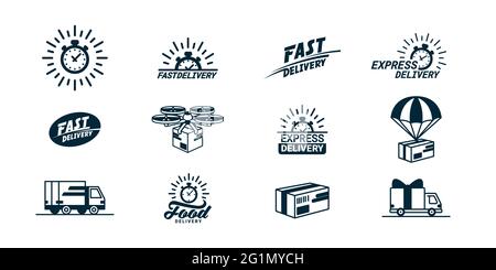 Big Delivery related monochrome Icons set. Logos with timer and fast, food, trucks, boxes and so on. Flat style vector illustration isolated on white Stock Vector