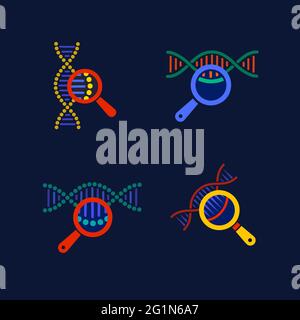DNA testing icons set. DNA chain in magnifying glass sign. genetic engineering, cloning, paternity testing, DNA analysis. Vector illustration on dark Stock Vector
