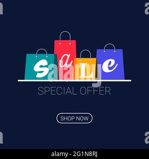 Shopping bags with sale inscription. Online shopping logo. Buy now button. Vector illustration on dark background. Stock Vector
