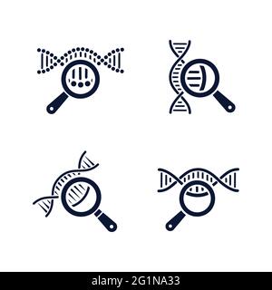 DNA testing icons set. DNA chain in magnifying glass sign. genetic engineering, cloning, paternity testing, DNA analysis. Vector illustration on white Stock Vector