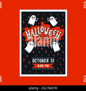 Halloween greeting card with handwritten calligraphy greetings and funny monsters. Flat style vector illustration on dark background Stock Vector
