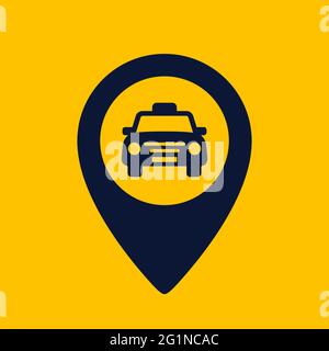 Taxi icon. Map pin shape icon on yellow background. Taxi point glyph icon. Flat vector illustration Stock Vector