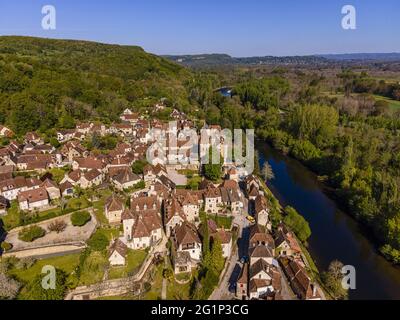 France, Lot, Haut Quercy, Dordogne Valley, Carennac, labelled Les Plus Beaux Villages de France (The Most beautiful Villages of France), village along the Dordogne river (aerial view) Stock Photo