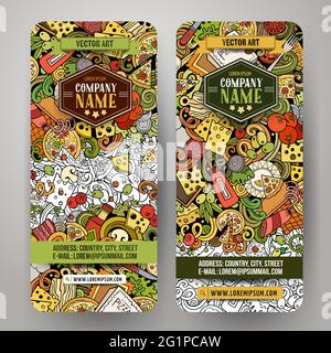 Cartoon cute colorful vector hand drawn doodles Pizzeria corporate identity. 2 vertical banners design. Templates set. All objects separate Stock Vector