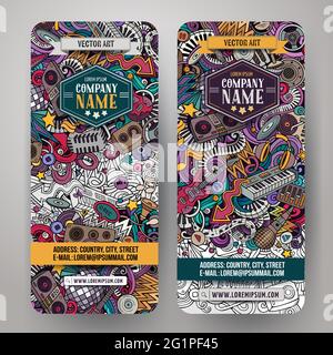 Cartoon cute colorful vector hand drawn doodles Disco music corporate identity. 2 vertical banners design. Templates set. All objects are separate Stock Vector