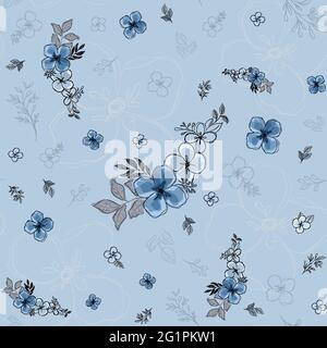 Seamless pattern with beautiful floral watercolor style on blue background. The other 2 color swatches included. Stock Vector