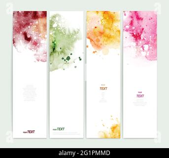 Set of four varicolored banners, abstract headers get creative with bright watercolor splashes. Stock Vector
