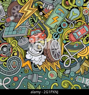 Cartoon cute doodles Electric vehicle frame card. Colorful detailed, with lots of objects background. All objects separate. Border with eco cars symbo Stock Vector