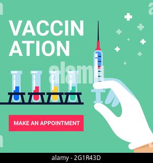 Vaccination web banner. Syringe in doctor hand, test tube vaccines, and button on a green background. Flat style vector illustration. Stock Vector