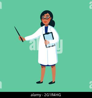 Female Scientist. Afro American woman in white medical gown holding pointer on green background. Genome sequencing concept. Flat style vector Stock Vector