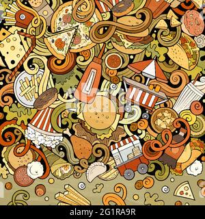 Fastfood hand drawn vector doodles illustration. Fast food frame card design. Unhealthy elements and objects cartoon background. Bright colors funny b Stock Vector