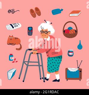 Cute grandmother walking with a walker and some elderly items on a pink background. Flat style Vector illustration. Stock Vector