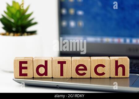 photo on EdTech theme. wooden cubes with the words "EdTech",  on the background of laptop and succulent Stock Photo