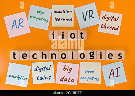 The industrial internet of things (IIoT) technologies model. wooden cubes with the words "iiot technologies ", and sticky notes, on yellow background Stock Photo