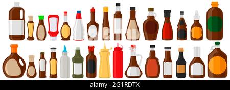 Illustration on theme big kit varied glass bottles filled liquid chocolate syrup. Bottles consisting from chocolate syrup, empty labels for titles. Сh Stock Vector