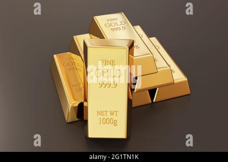 A pile of 1kg gold bars isolated on dark background. Financial concept of wealth and reserve. 3D Rendering. Stock Photo