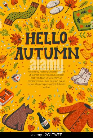 Hello autumn yellow greeting card. Banner template with autumn essentials and space for text. Autumn greeting card with cozy items for autumn season Stock Vector