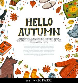 Vector set of autumn icons sweater, falling leaves, cozy food, candles, book and cute hendgehog. Scrapbook collection of fall season elements. Bright Stock Vector