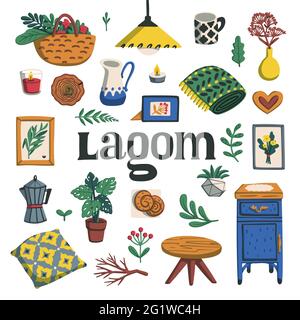 Lagom. Concept of Scandinavian lifestyle. Illustration with lagom lettering and cozy home things like pillow, plants, furniture. Colorful flat vector Stock Vector