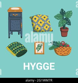 Hygge. Concept of Scandinavian lifestyle, lagom. Illustration with lagom lettering and cozy home things like pillow, plants, furniture. Colorful flat Stock Vector