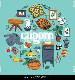 Lagom round composition. Concept of Scandinavian lifestyle. Illustration with lagom lettering and cozy home things like pillow, plants, furniture Stock Vector