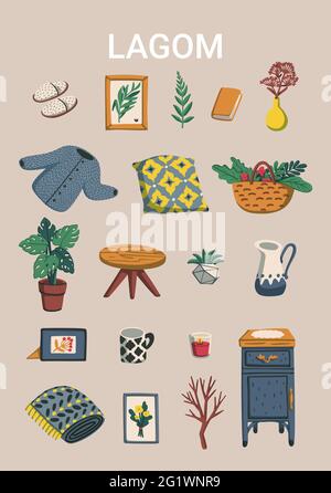 Lagom. Concept of Scandinavian lifestyle. Poster with lagom lettering and cozy home things like pillow, plants, furniture. Colorful flat vector Stock Vector