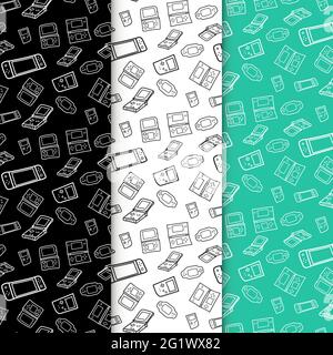 Set of seamless handheld console doodle pattern collection. Doodle pattern cartoon with three options repeat pattern background wallpaper cute drawing Stock Vector
