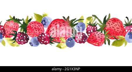 Watercolor mix of berries seamless border pattern. Blueberries, strawberries and raspberries Stock Photo