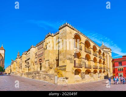 CORDOBA, SPAIN - SEP 30, 2019: Panorama of Mezquita ramparts from the Plaza del Triunfo (Triuph Square), on Sep 30 in Cordoba Stock Photo