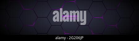 Dark gray and purple horizontal hexagonal technology abstract vector background. Purple bright energy flashes under hexagon in futuristic modern Stock Vector