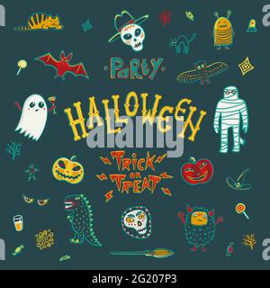 vector elements for use in design of invitations, flyers, postcards, posters, prints, stickers etc. set includes the lettering Helloween, the words tr Stock Vector