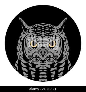 Owl head with predatory eyes. Realistic wild bird portrait. Front view. Vector illustration hand drawn on black background Stock Vector