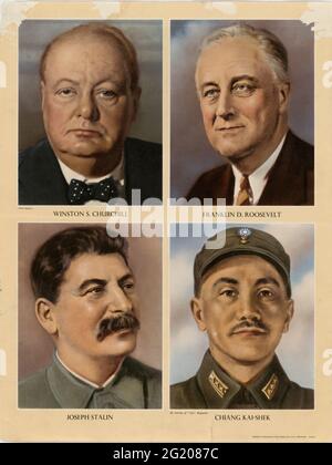 World War II-era poster with illustrations of the four major Allied leaders.Top row left to right: British Prime Minister Winston Churchill and US President Franklin D Roosevelt; bottom row left to right: Premier Joseph Stalin of the Soviet Union and Generalissimo Chiang Kai-Shek of China, no location, circa 1943. (Poster by Office of War Information/RBM Vintage Images) Stock Photo