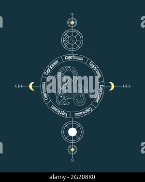 Capricornus. Zodiac sign design. Zodiac design with star grid. Abstract capricornus design. Signs with texts in Latin. Vector graphic illustrations of Stock Vector