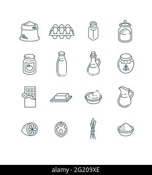 Ingredients for baking at home. Raw products for preparing homemade pastry. Thin line icons. Simple outline pictograms of flour, salt, sugar, milk, bu Stock Vector