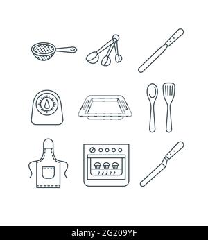 Home baking tools. Flat vector thin line icons. Essential kitchen equipment for homemade pastry cooking. Outline pictograms of sift, measuring spoons, Stock Vector