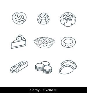 Different pastry items. Sweet dessert food. Simple linear icons of pie, cake, pretzel, bun, roll, cheesecake, bagel, macarons. Homemade baked goods. B Stock Vector