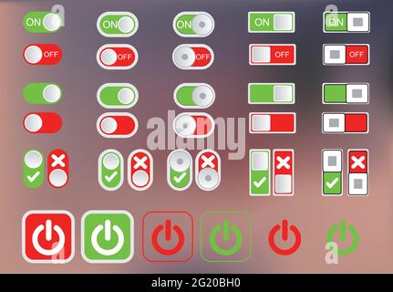 Flat icon colorful switchers onoff isolated on white background. Toggle switch icon, blue in on position, grey in off. Template for mobile and web Stock Vector