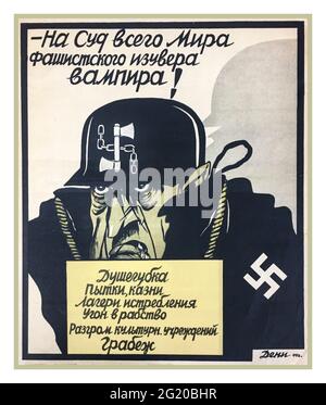 Russia Propaganda Poster Adolf Hitler with Swastika caricature cartoon WW2 . 1944. ‘To the judgment of the whole world of the fascist fanatic vampire’ Date 1944 USSR Soviet Union Russia World War II Second World War Stock Photo