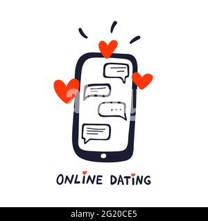 Online dating concept. Dating application logo, mobile phone with chat and hearts. doodle style vector illustration Stock Vector