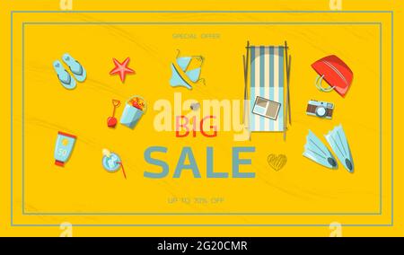 Vector banner for the summer sale. A bright flat illustration of the discount season. Ad template. Hot Summer Sale Typography Stock Vector