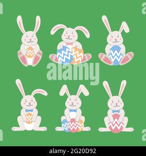 Easter rabbits. Easter cartoon bunny from front and backside on green background. Flat style vector illustration. Stock Vector