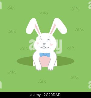 Cute white rabbit popping out of a hole. Easter cartoon bunny on green background. Flat style vector illustration. Stock Vector