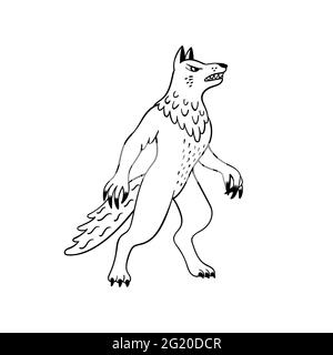 Magical creatures set. Mythological animal - werewolf. Doodle style black and white vector illustration isolated on white background. Tattoo design or Stock Vector